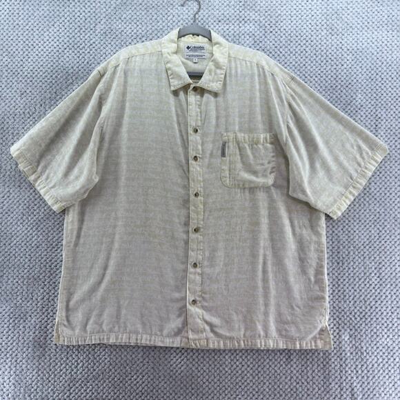 Columbia Shirt Mens XL Yellow Cotton Surfboard Print Button Front Short Sleeve - Picture 1 of 12
